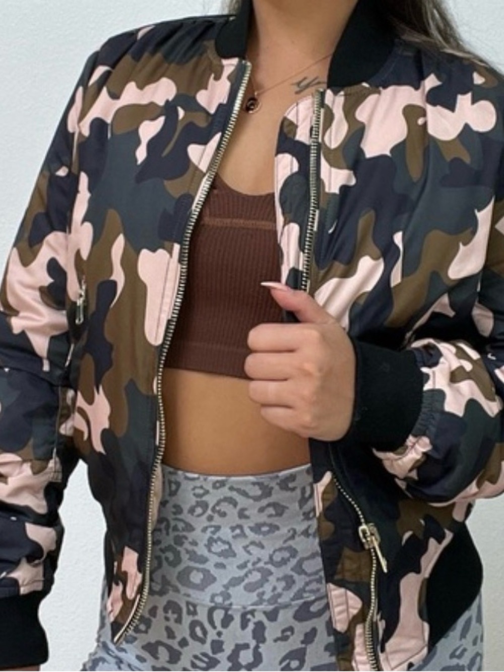 Women's Pink & Green Camo Bomber Jacket size 8 medium